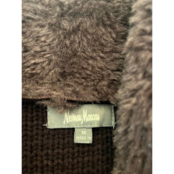 Neiman Marcus Open Front Knit Cardigan Sweater Women M Faux Fur Hobbit Neutral - Picture 2 of 8